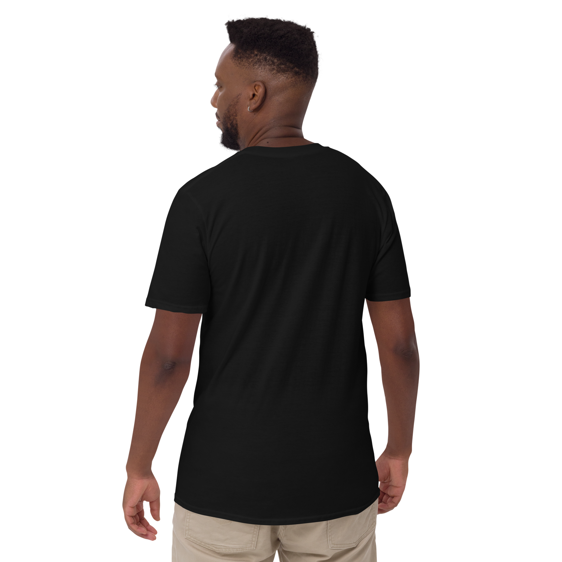 Man wearing a black t-shirt that is showing the back of the Creepy All Year design