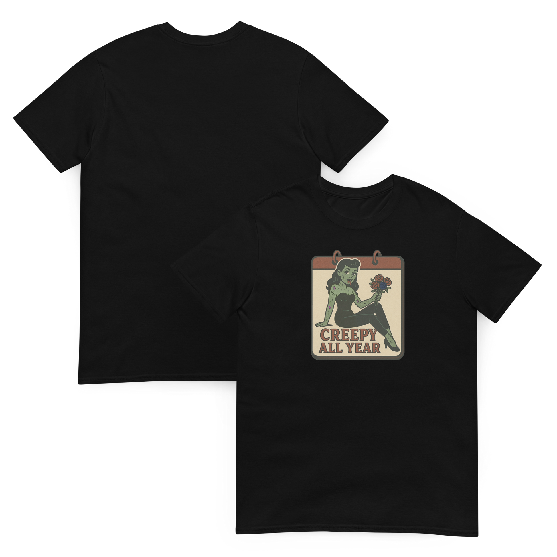A t-shirt with vintage style design showing both the front and back. The design on the front features a green pinup-style zombie girl holding flowers, with a banner underneath that reads “CREEPY ALL YEAR.”