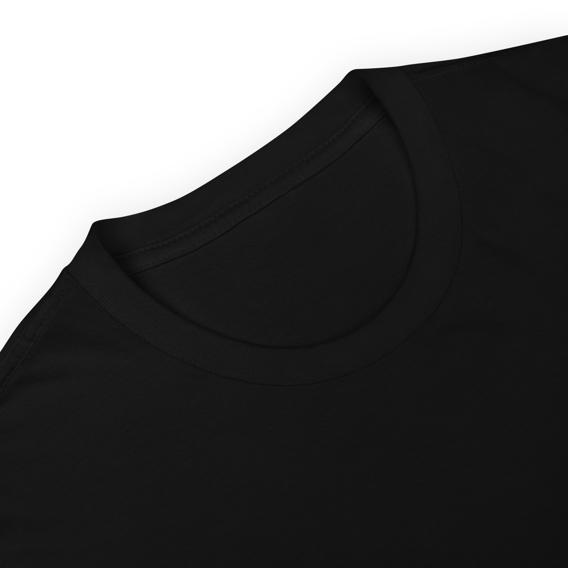 A black t-shirt zoomed in on the collar stitching