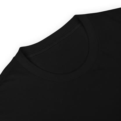 A black t-shirt zoomed in on the collar stitching