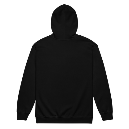 Back of a black zip up hoodie