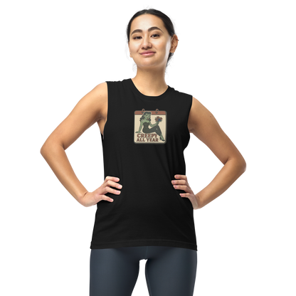 A girl with dark hair pulled back wearing leggings and muscle shirt with vintage style design. The design on the front features a green pinup-style zombie girl holding flowers, with a banner underneath that reads “CREEPY ALL YEAR.”