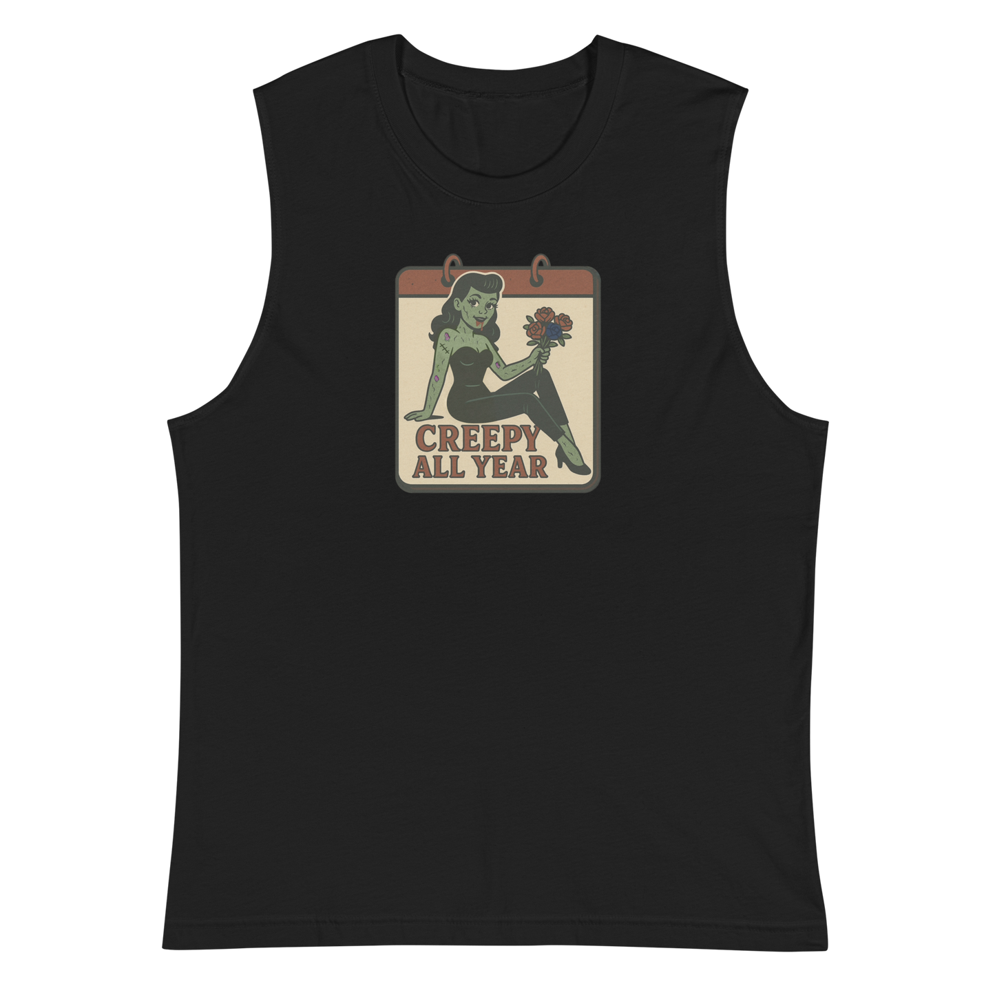 A black muscle shirt with vintage style design. The design on the front features a green pinup-style zombie girl holding flowers, with a banner underneath that reads “CREEPY ALL YEAR.”