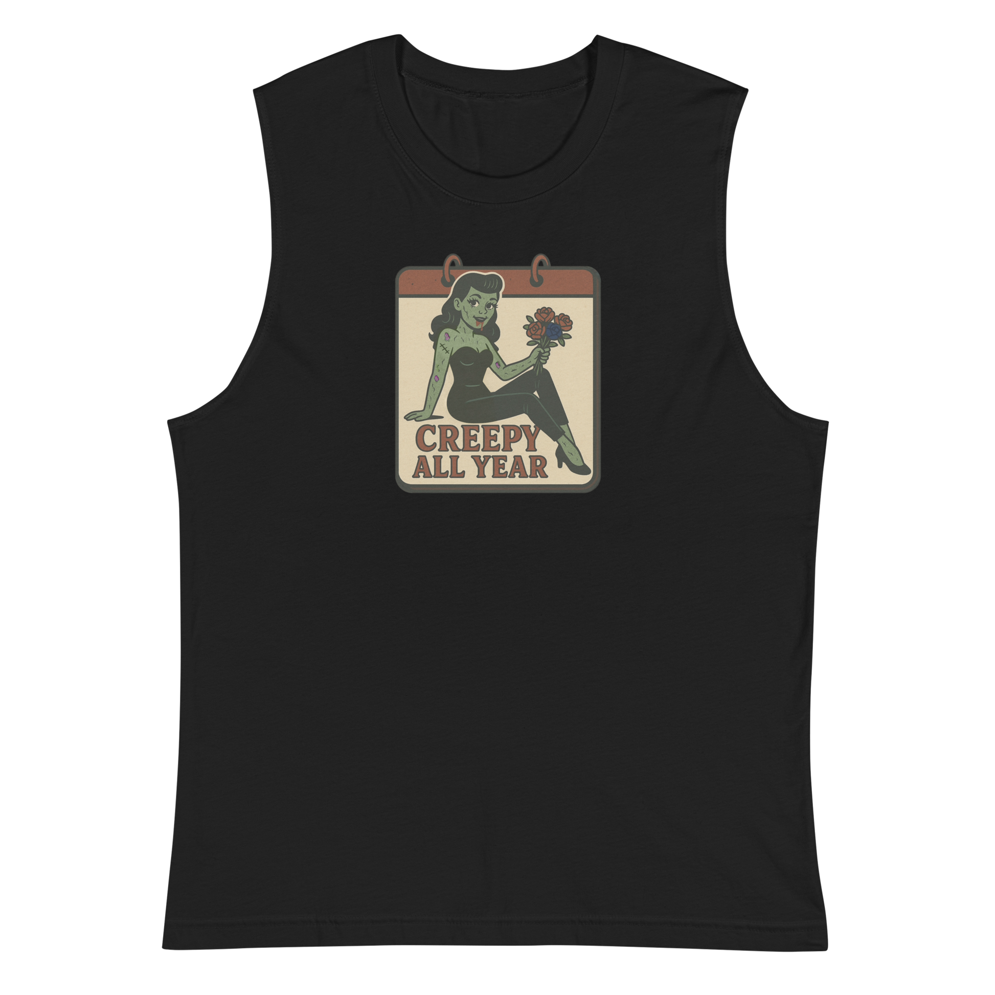 A black muscle shirt with vintage style design. The design on the front features a green pinup-style zombie girl holding flowers, with a banner underneath that reads “CREEPY ALL YEAR.”