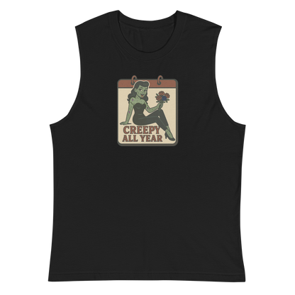 A black muscle shirt with vintage style design. The design on the front features a green pinup-style zombie girl holding flowers, with a banner underneath that reads “CREEPY ALL YEAR.”