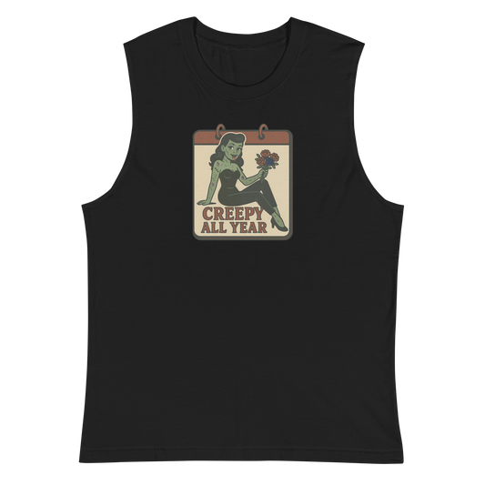 A black muscle shirt with vintage style design. The design on the front features a green pinup-style zombie girl holding flowers, with a banner underneath that reads “CREEPY ALL YEAR.”