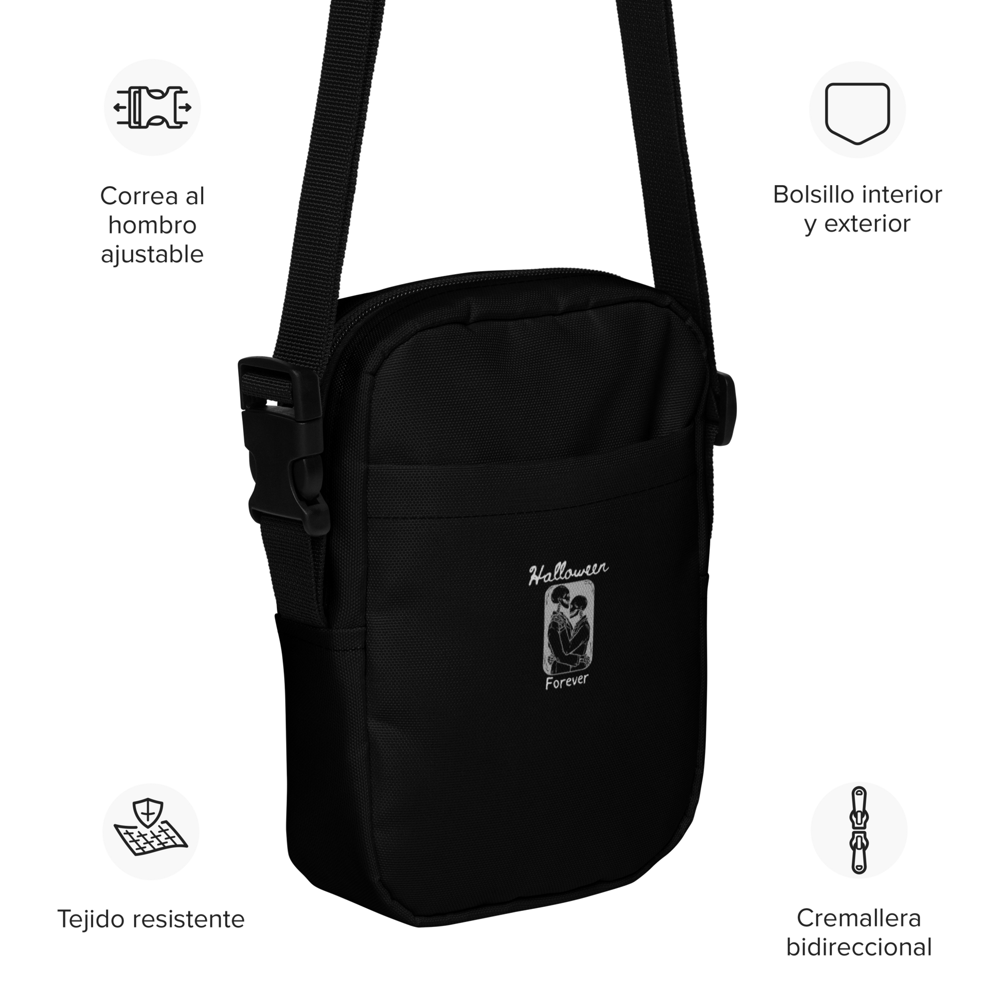 This is a side view of a black crossbody bag that has a hugging skeleton couple that is grey and says Halloween Forever 