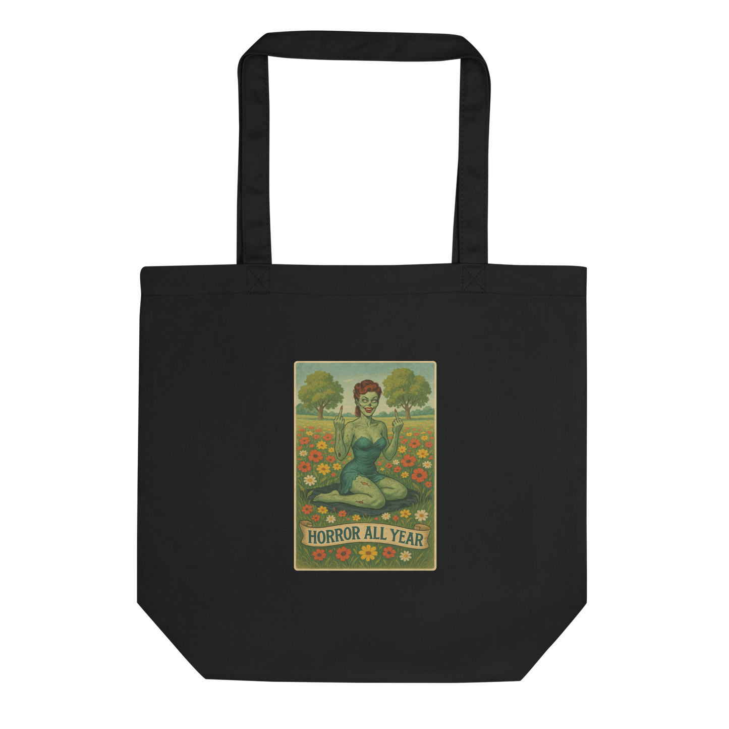 This is a black eco tote bag with a design illustration of a sassy zombie pinup girl standing in a floral field, wearing tattered lingerie and flipping off the viewer with both hands. She has green skin, vintage curls, and a bold attitude. The design blends horror and humor, with a pastel color palette and creepy cute vibes