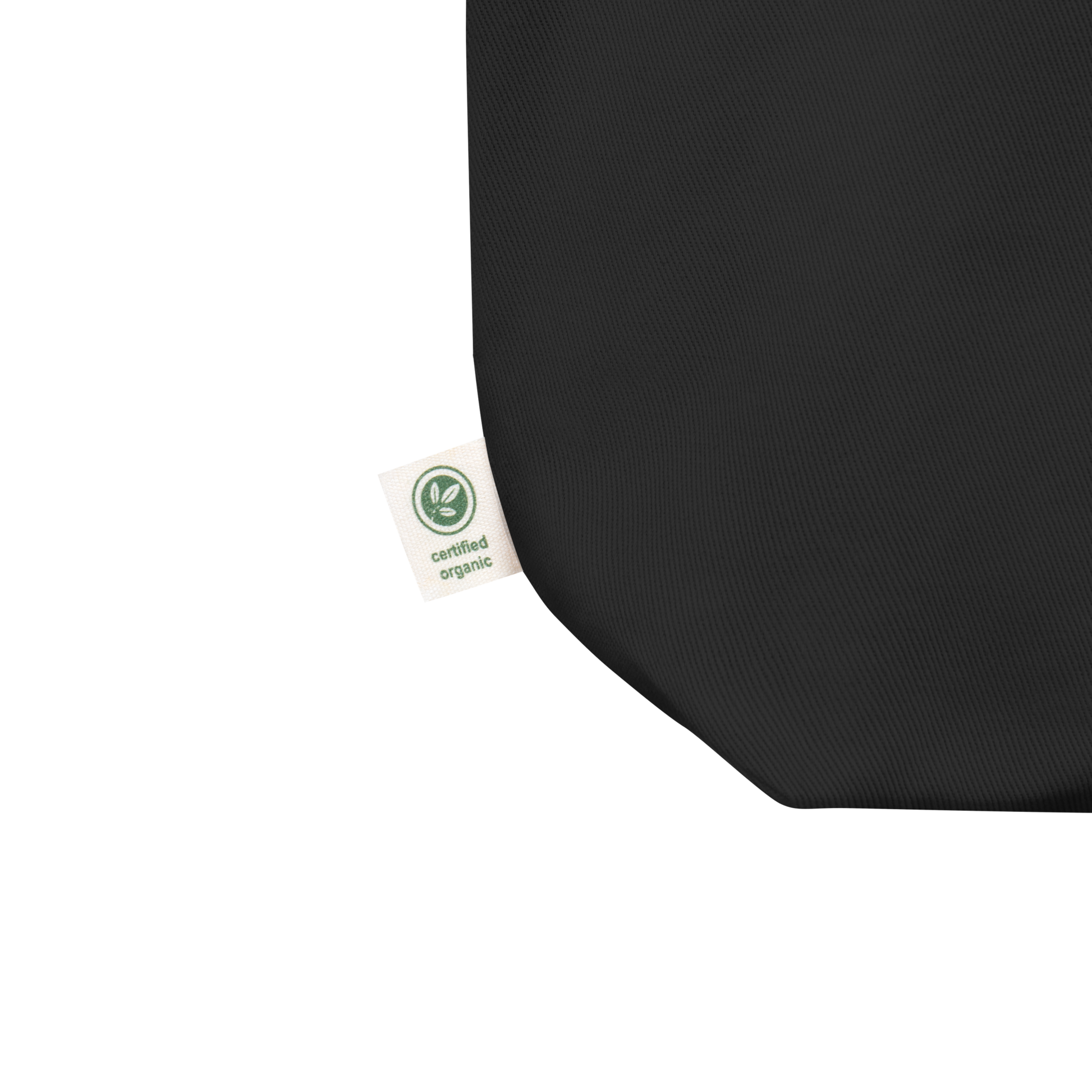 This is the tag of a black tote bag that has a hugging skeleton couple that is grey and says Halloween Forever on the front