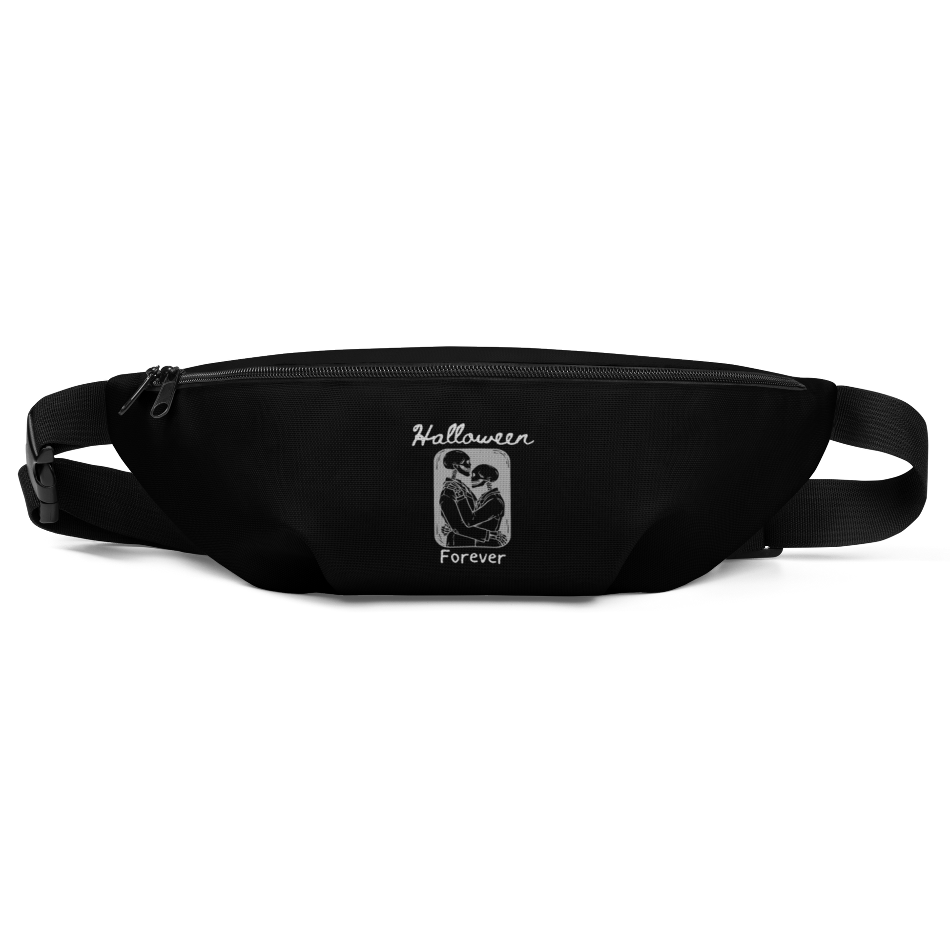 This is a black waist bag that has a hugging skeleton couple that is grey and says Halloween Forever 