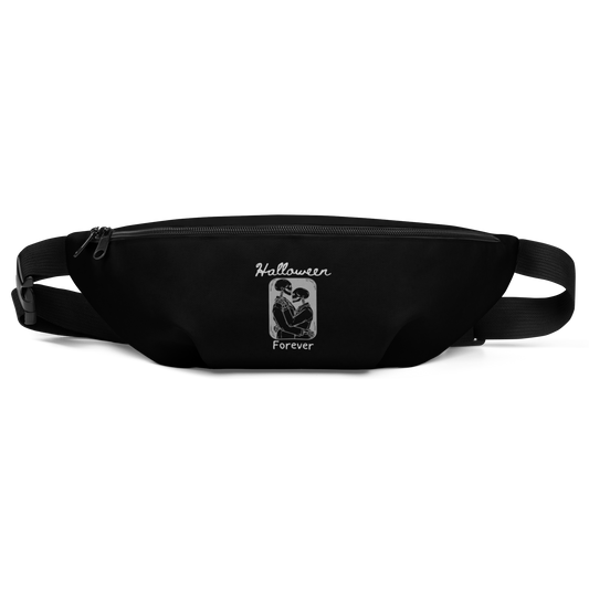 This is a black waist bag that has a hugging skeleton couple that is grey and says Halloween Forever 