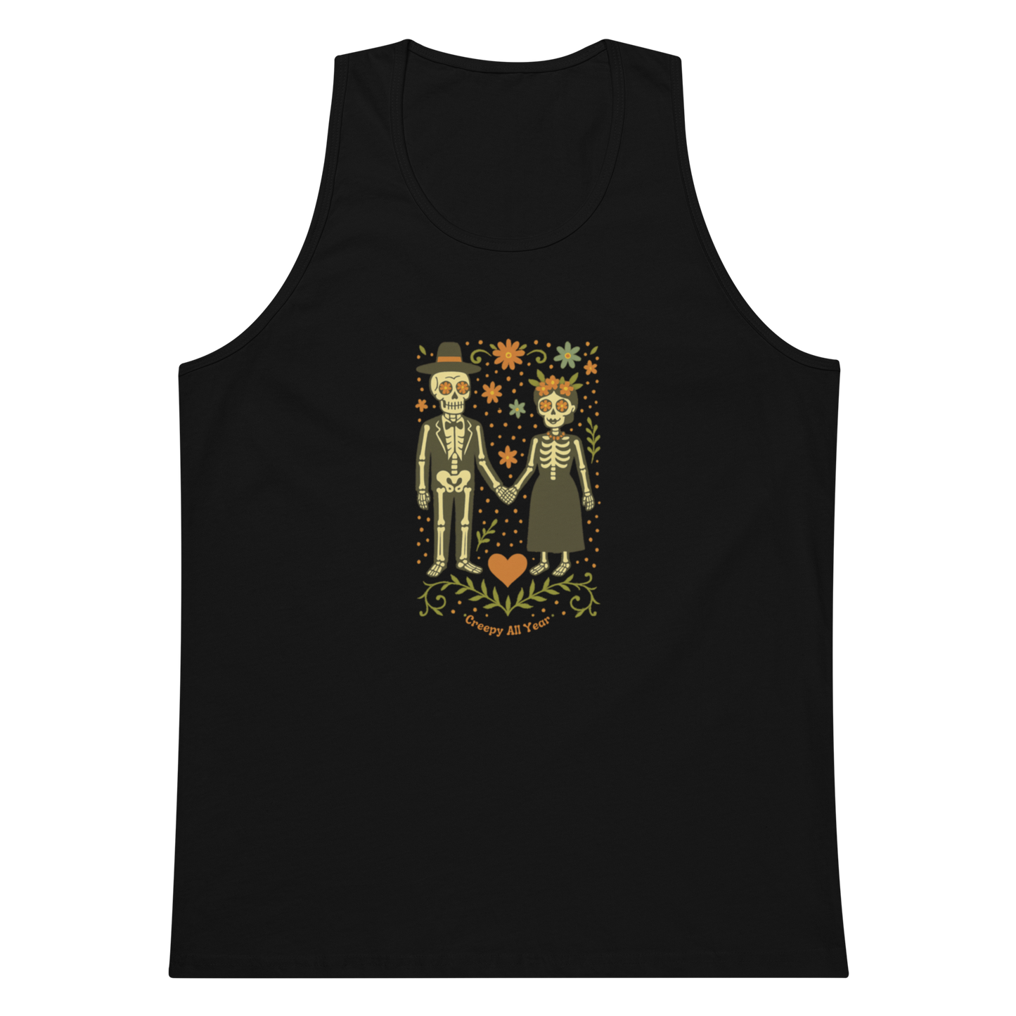 This is a black men's tank top with a Día de los Muertos–style illustration of a male and female skeleton holding hands, surrounded by marigolds, vines, and folk art patterns. The skeletons wear traditional black clothing, the man in a suit and hat, the woman with a floral crown with a red heart and leaves at the bottom and the text Creepy All Year. Rendered in warm tones of orange, green, and cream, symbolizing eternal love and remembrance