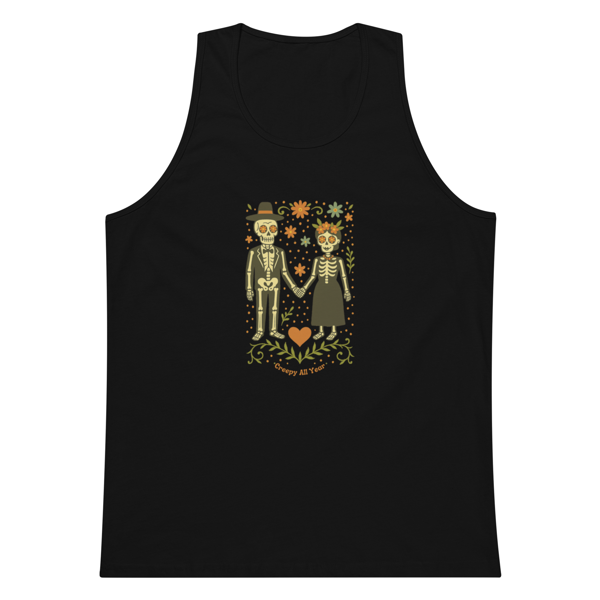 This is a black men's tank top with a Día de los Muertos–style illustration of a male and female skeleton holding hands, surrounded by marigolds, vines, and folk art patterns. The skeletons wear traditional black clothing, the man in a suit and hat, the woman with a floral crown with a red heart and leaves at the bottom and the text Creepy All Year. Rendered in warm tones of orange, green, and cream, symbolizing eternal love and remembrance