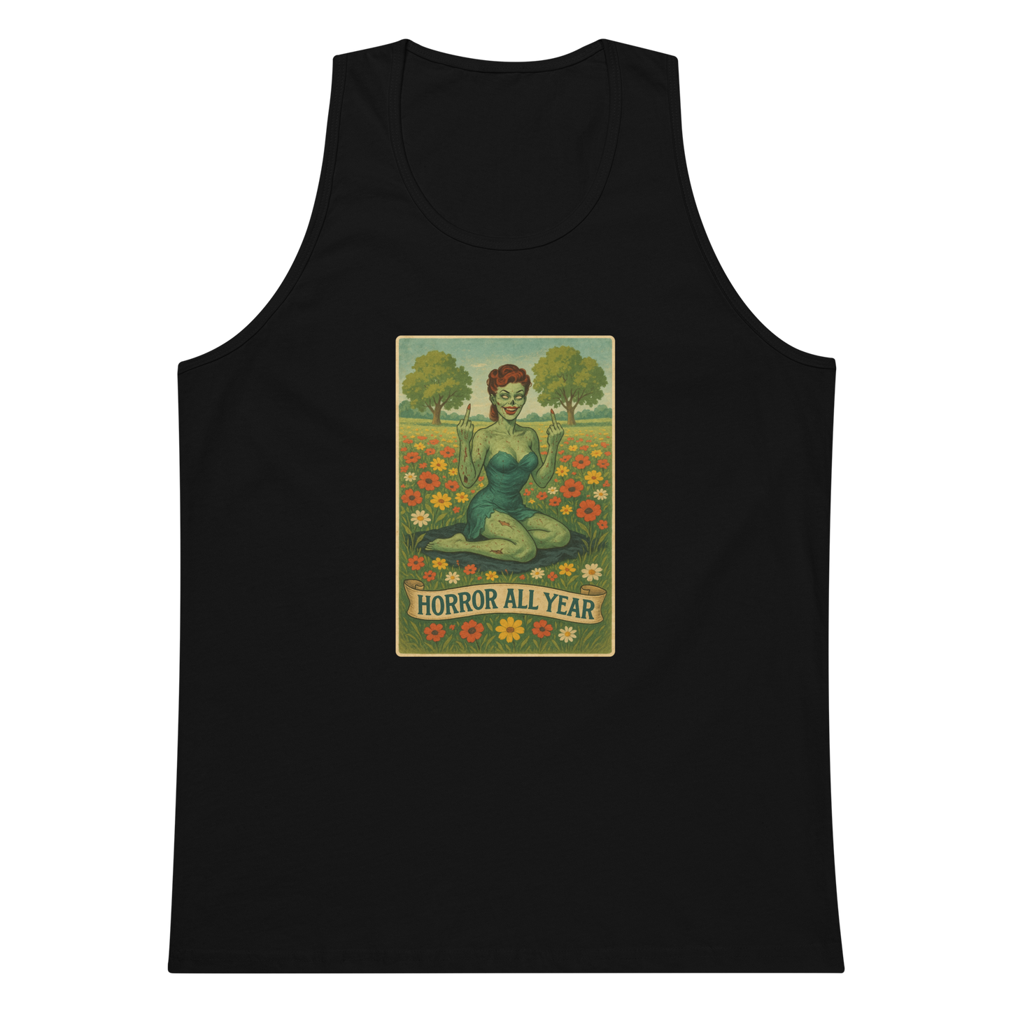 This is a black tank top with a design illustration of a sassy zombie pinup girl standing in a floral field, wearing tattered lingerie and flipping off the viewer with both hands. She has green skin, vintage curls, and a bold attitude. The design blends horror and humor, with a pastel color palette and creepy cute vibes