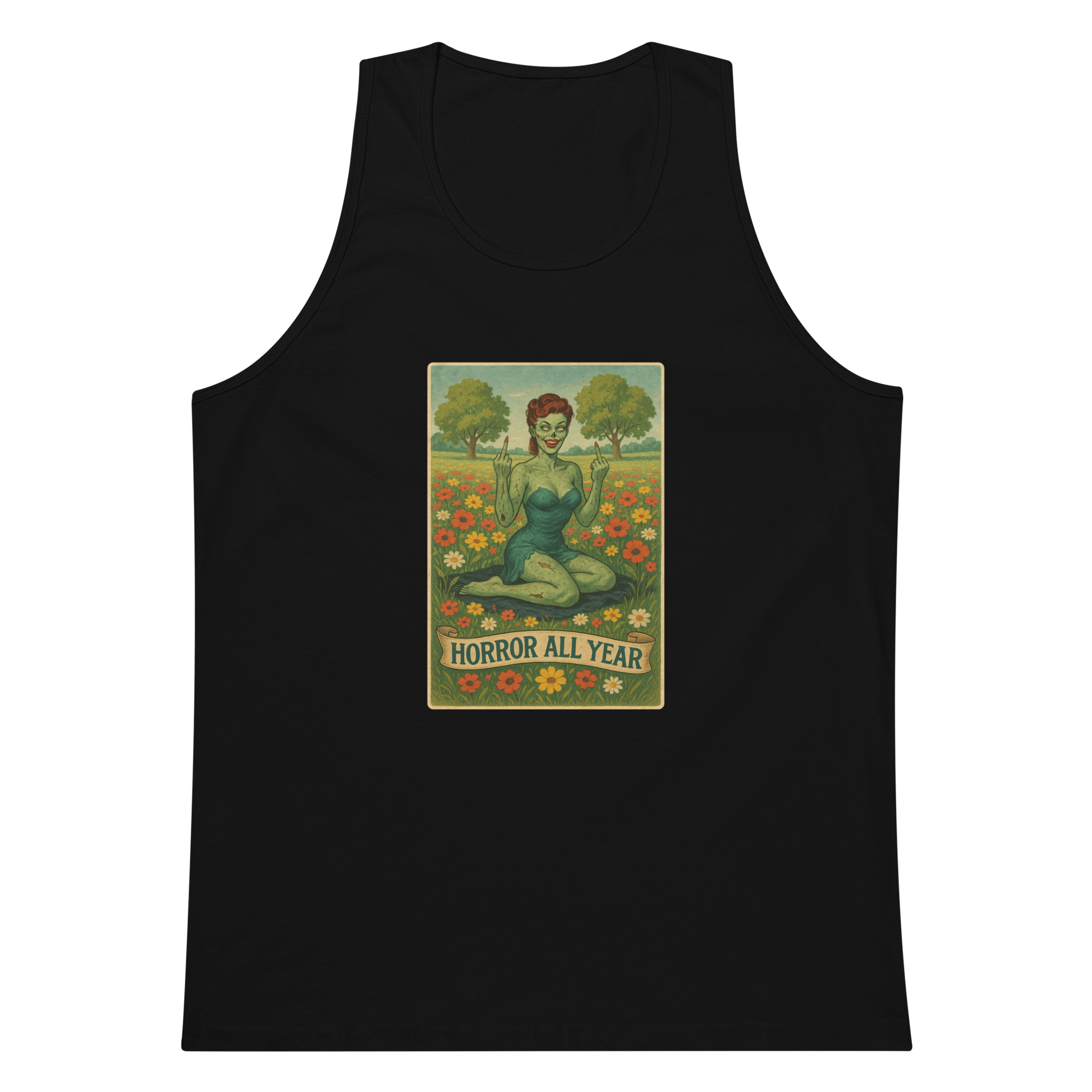 This is a black tank top with a design illustration of a sassy zombie pinup girl standing in a floral field, wearing tattered lingerie and flipping off the viewer with both hands. She has green skin, vintage curls, and a bold attitude. The design blends horror and humor, with a pastel color palette and creepy cute vibes
