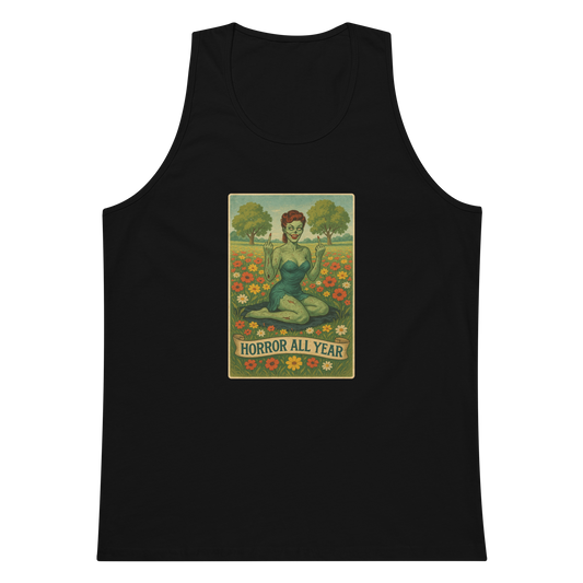 This is a black tank top with a design illustration of a sassy zombie pinup girl standing in a floral field, wearing tattered lingerie and flipping off the viewer with both hands. She has green skin, vintage curls, and a bold attitude. The design blends horror and humor, with a pastel color palette and creepy cute vibes