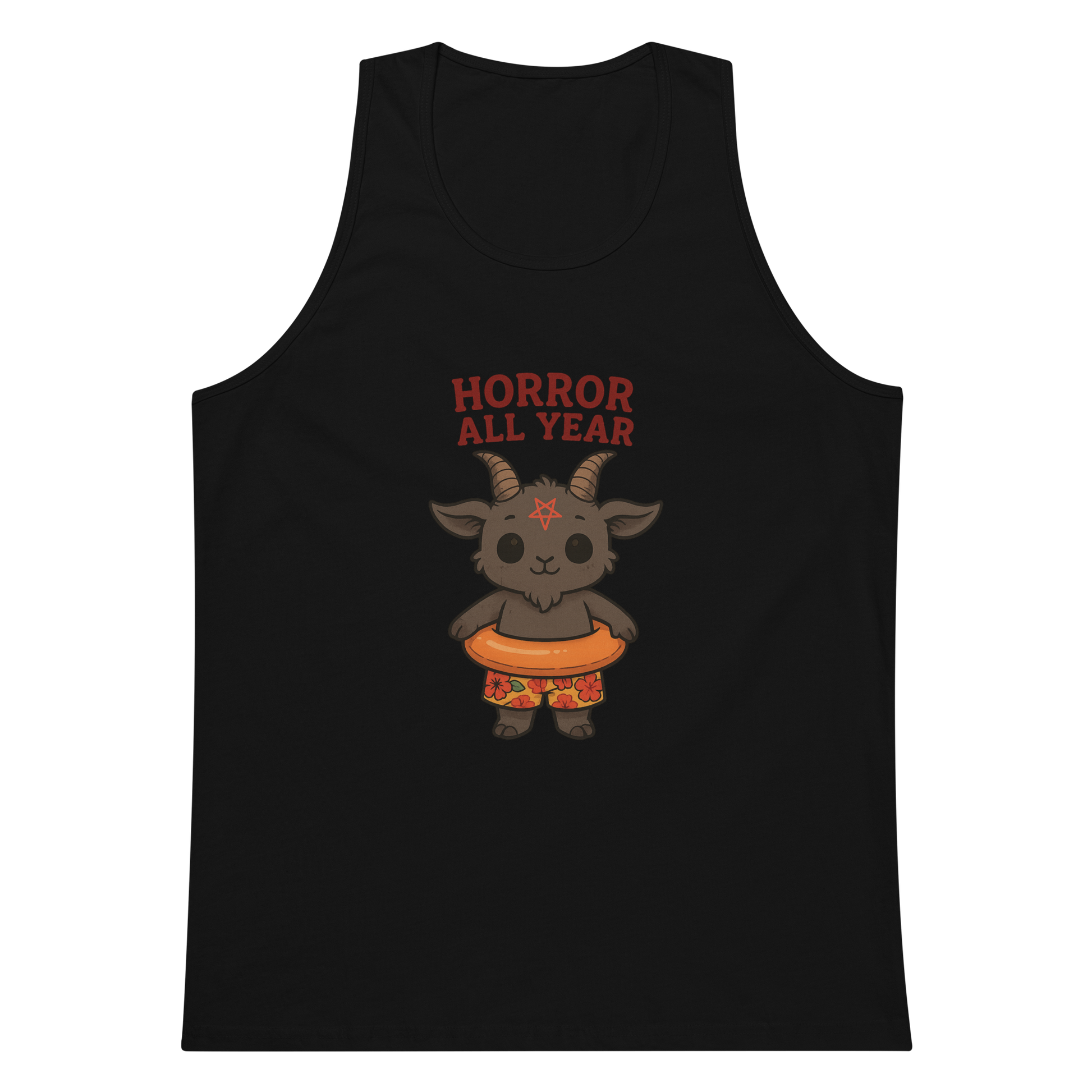 This is a black tank top with a cartoon illustration of a baby Baphomet goat with curved horns and a playful grin, wearing bright floral swim trunks while floating in a colorful inner tube. The character is set against a light background with the bold text “Horror All Year” above in red letters