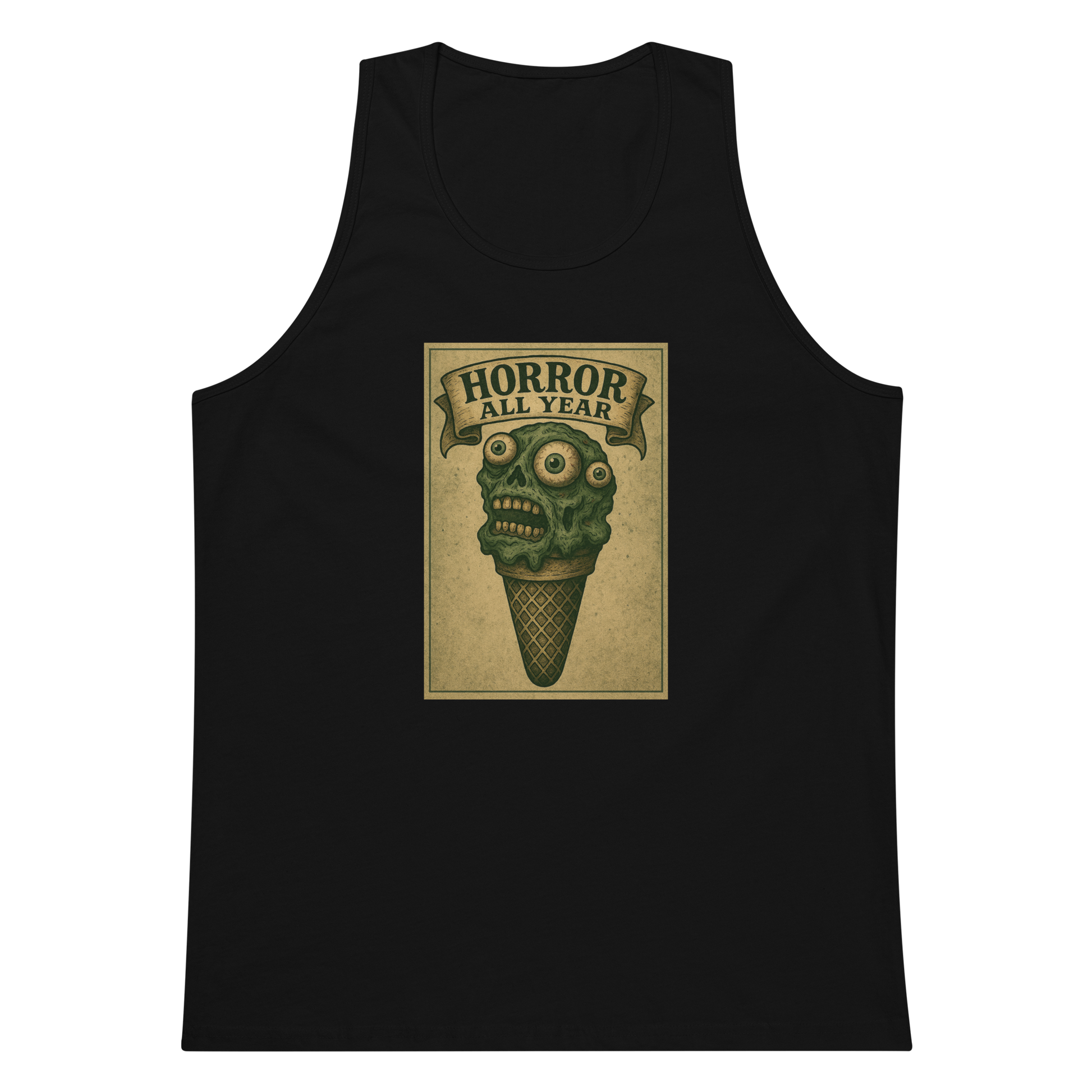 This is a black tank top that is a vintage-style illustration of a zombie-themed ice cream cone with a green, melting undead face and bulging eyeballs. Above the cone, a horror banner reads "Horror All Year" on a distressed parchment background