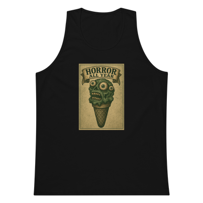 This is a black tank top that is a vintage-style illustration of a zombie-themed ice cream cone with a green, melting undead face and bulging eyeballs. Above the cone, a horror banner reads "Horror All Year" on a distressed parchment background