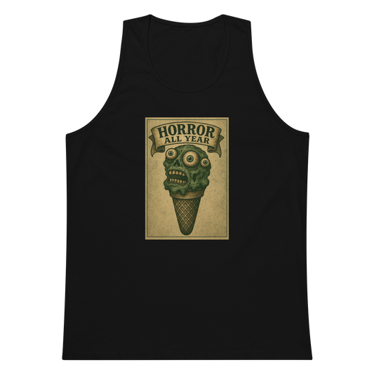 This is a black tank top that is a vintage-style illustration of a zombie-themed ice cream cone with a green, melting undead face and bulging eyeballs. Above the cone, a horror banner reads "Horror All Year" on a distressed parchment background