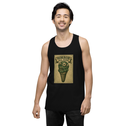 This is a man with dark hair wearing a black tank top that is a vintage-style illustration of a zombie-themed ice cream cone with a green, melting undead face and bulging eyeballs. Above the cone, a horror banner reads "Horror All Year" on a distressed parchment background