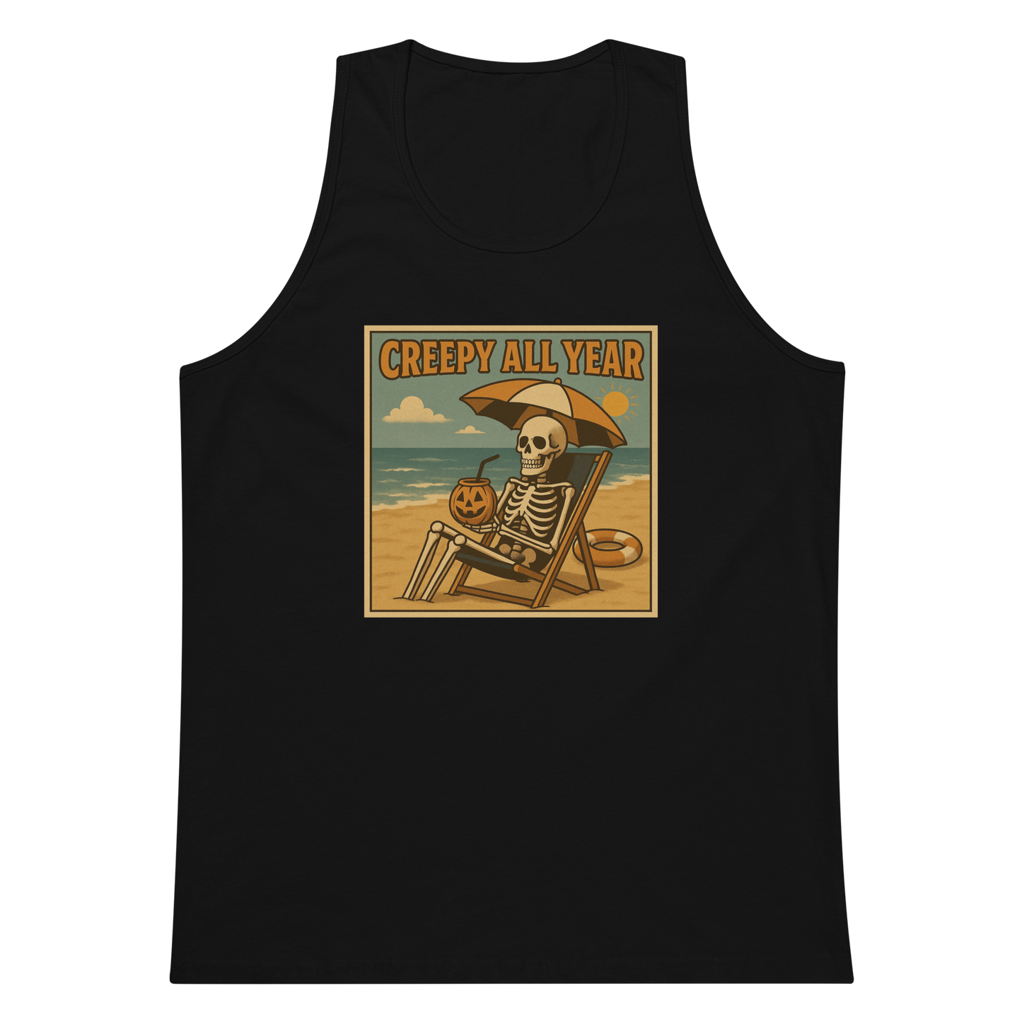 This is a black tank top with a retro-style illustration of a grinning skeleton lounging on a beach chair under an orange umbrella. The skeleton is holding a pumpkin-shaped drink cup with a straw and relaxing by the ocean, with a bright sun in the sky and a life preserver in the sand. The words “Creepy All Year” appear boldly at the top 