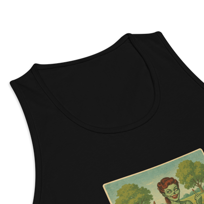 This is a zoom in of a black tank top with a design illustration of a sassy zombie pinup girl standing in a floral field, wearing tattered lingerie and flipping off the viewer with both hands. She has green skin, vintage curls, and a bold attitude. The design blends horror and humor, with a pastel color palette and creepy cute vibes