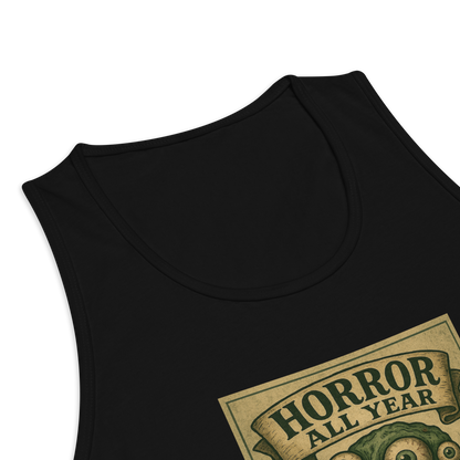 This is a zoom in of a black tank top that is a vintage-style illustration of a zombie-themed ice cream cone with a green, melting undead face and bulging eyeballs. Above the cone, a horror banner reads "Horror All Year" on a distressed parchment background