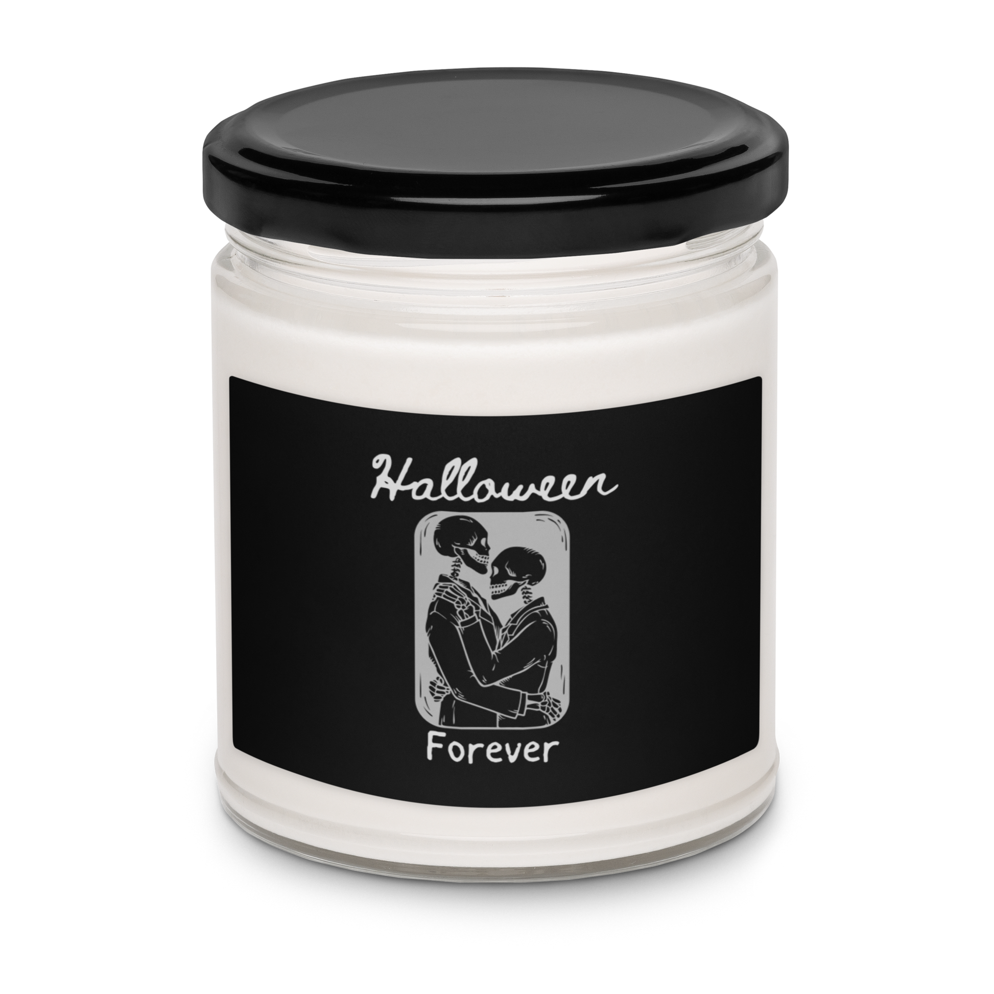 This is a candle with a black label that has a hugging skeleton couple that is grey and says Halloween Forever 
