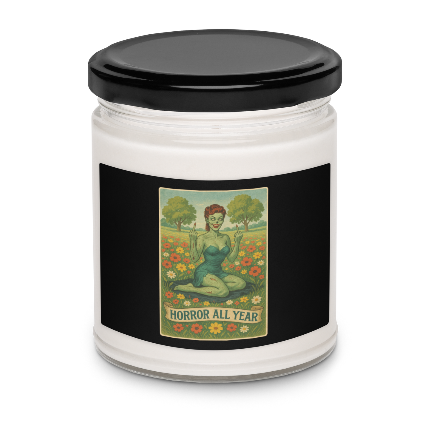 This is a candle with a black label with a design illustration of a sassy zombie pinup girl standing in a floral field, wearing tattered lingerie and flipping off the viewer with both hands. She has green skin, vintage curls, and a bold attitude. The design blends horror and humor, with a pastel color palette and creepy cute vibes