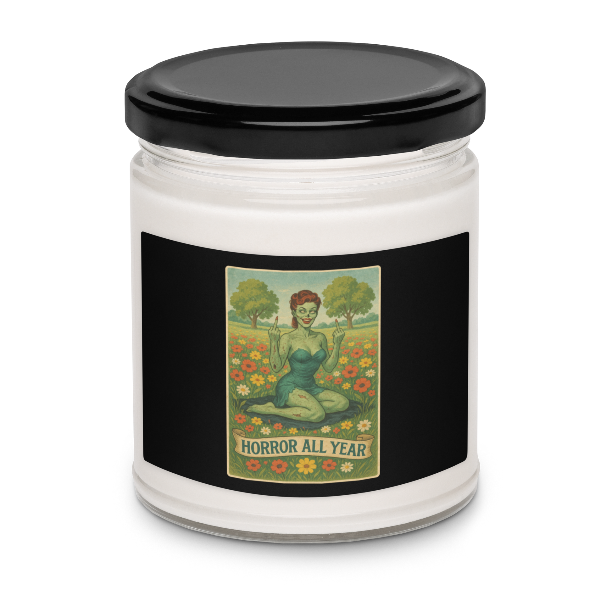This is a candle with a black label with a design illustration of a sassy zombie pinup girl standing in a floral field, wearing tattered lingerie and flipping off the viewer with both hands. She has green skin, vintage curls, and a bold attitude. The design blends horror and humor, with a pastel color palette and creepy cute vibes