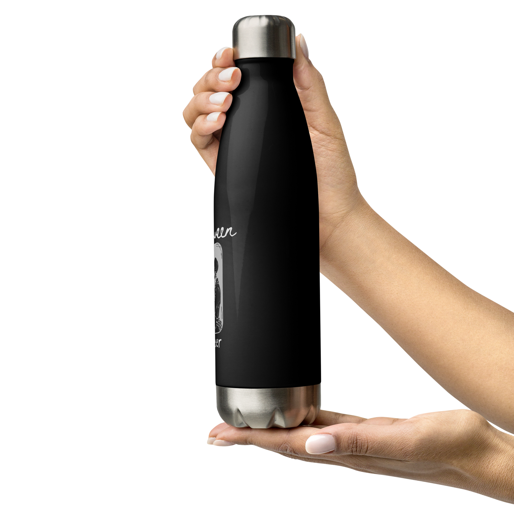 This is woman holding a black steel water bottle that has a hugging skeleton couple that is grey and says Halloween Forever 