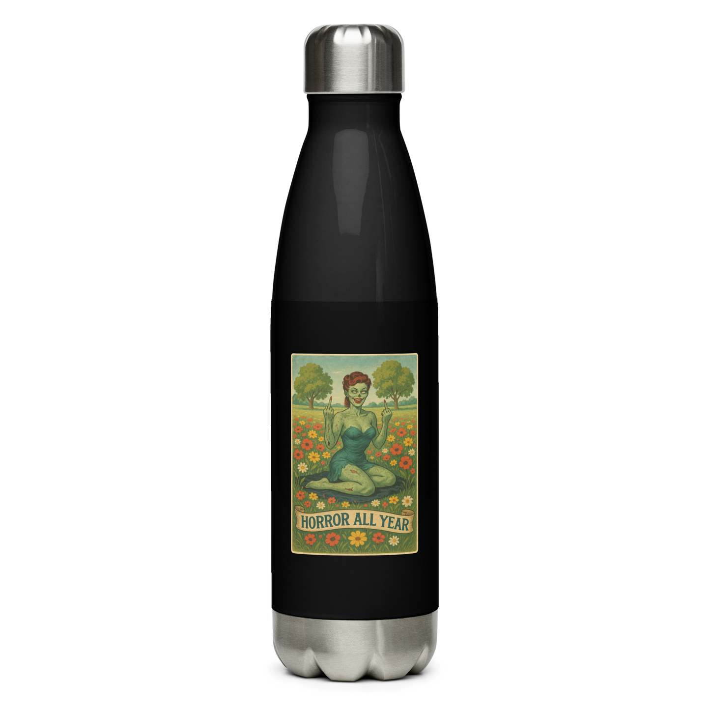 This is a stainless steel water bottle with a design illustration of a sassy zombie pinup girl standing in a floral field, wearing tattered lingerie and flipping off the viewer with both hands. She has green skin, vintage curls, and a bold attitude. The design blends horror and humor, with a pastel color palette and creepy cute vibes