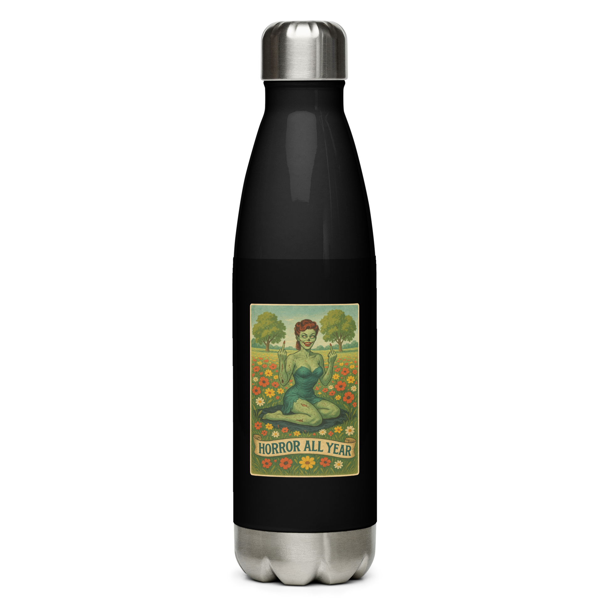 This is a stainless steel water bottle with a design illustration of a sassy zombie pinup girl standing in a floral field, wearing tattered lingerie and flipping off the viewer with both hands. She has green skin, vintage curls, and a bold attitude. The design blends horror and humor, with a pastel color palette and creepy cute vibes