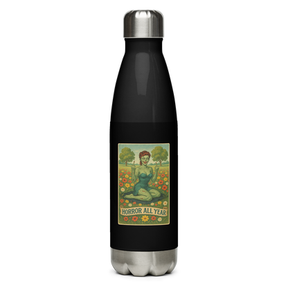 This is a stainless steel water bottle with a design illustration of a sassy zombie pinup girl standing in a floral field, wearing tattered lingerie and flipping off the viewer with both hands. She has green skin, vintage curls, and a bold attitude. The design blends horror and humor, with a pastel color palette and creepy cute vibes