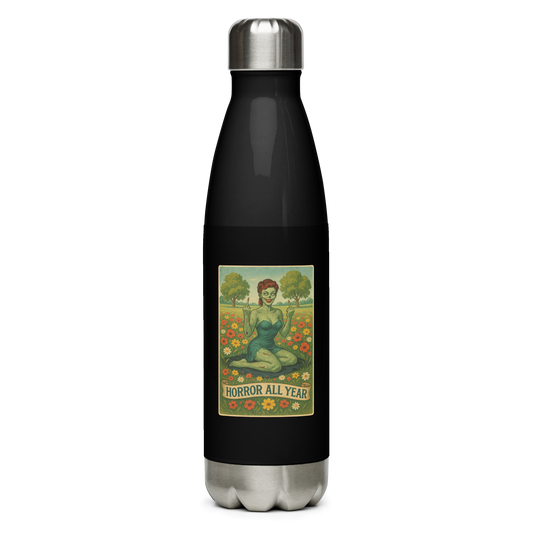 This is a stainless steel water bottle with a design illustration of a sassy zombie pinup girl standing in a floral field, wearing tattered lingerie and flipping off the viewer with both hands. She has green skin, vintage curls, and a bold attitude. The design blends horror and humor, with a pastel color palette and creepy cute vibes