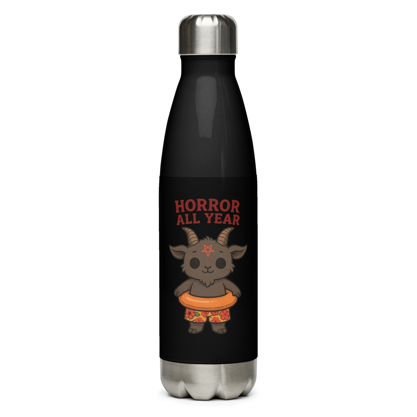 This is a black stainless steel water bottle with a cartoon illustration of a baby Baphomet goat with curved horns and a playful grin, wearing bright floral swim trunks while floating in a colorful inner tube. The character is set against a light background with the bold text “Horror All Year” above in red letters 