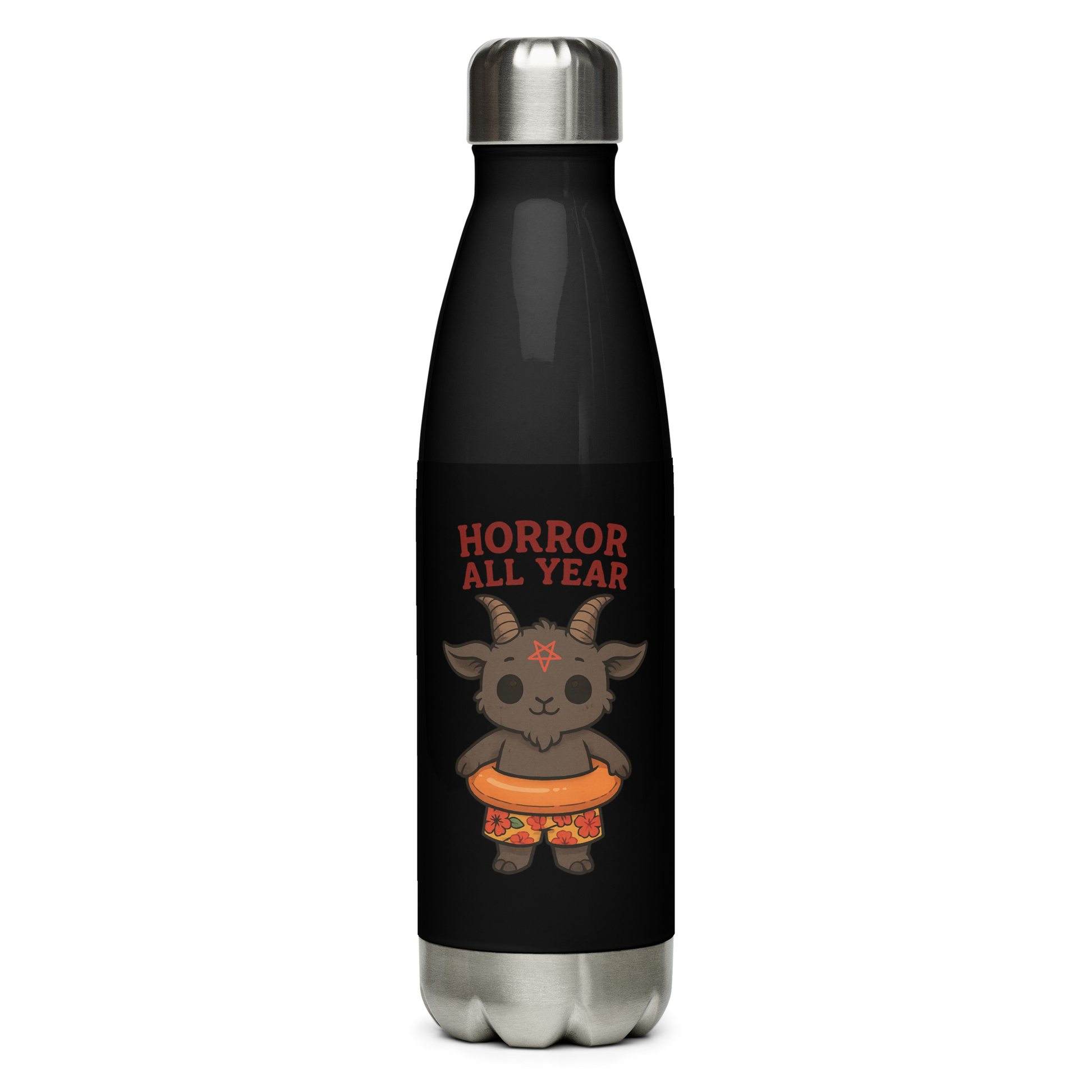 This is a black stainless steel water bottle with a cartoon illustration of a baby Baphomet goat with curved horns and a playful grin, wearing bright floral swim trunks while floating in a colorful inner tube. The character is set against a light background with the bold text “Horror All Year” above in red letters 