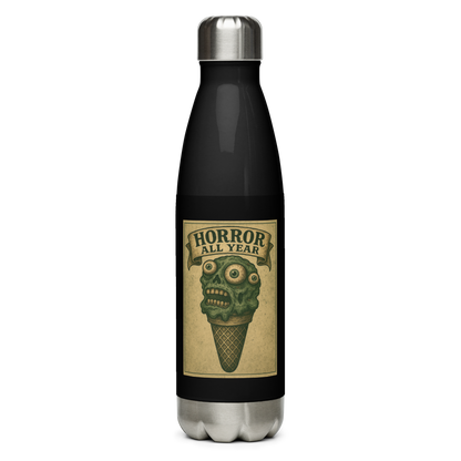 This is a black and stainless steel water bottle with a vintage-style illustration of a zombie-themed ice cream cone with a green, melting undead face and bulging eyeballs. Above the cone, a horror banner reads "Horror All Year" on a distressed parchment background