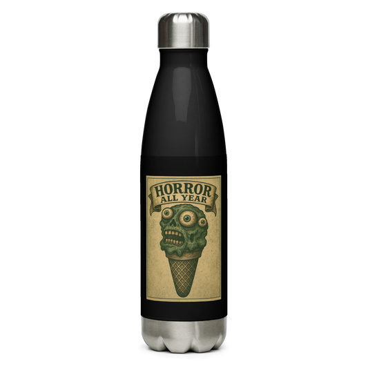 This is a black and stainless steel water bottle with a vintage-style illustration of a zombie-themed ice cream cone with a green, melting undead face and bulging eyeballs. Above the cone, a horror banner reads "Horror All Year" on a distressed parchment background