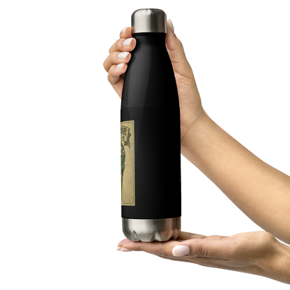 This is a woman holding a black and stainless steel water bottle with a vintage-style illustration of a zombie-themed ice cream cone with a green, melting undead face and bulging eyeballs. Above the cone, a horror banner reads "Horror All Year" on a distressed parchment background