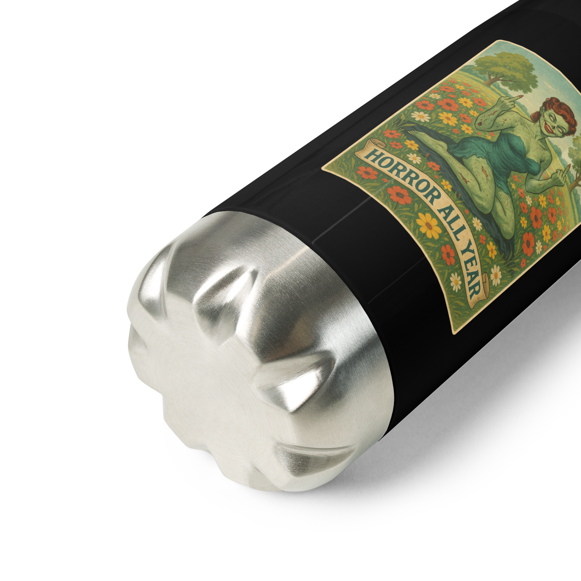 This is a zoom in of a stainless steel water bottle with a design illustration of a sassy zombie pinup girl standing in a floral field, wearing tattered lingerie and flipping off the viewer with both hands. She has green skin, vintage curls, and a bold attitude. The design blends horror and humor, with a pastel color palette and creepy cute vibes
