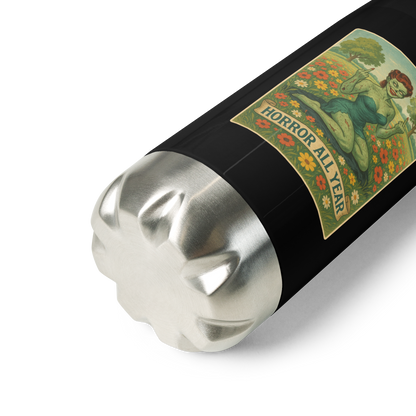 This is a zoom in of a stainless steel water bottle with a design illustration of a sassy zombie pinup girl standing in a floral field, wearing tattered lingerie and flipping off the viewer with both hands. She has green skin, vintage curls, and a bold attitude. The design blends horror and humor, with a pastel color palette and creepy cute vibes