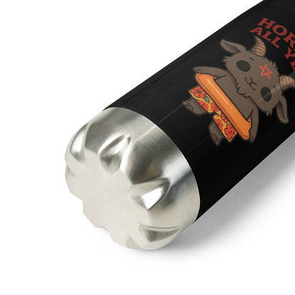 This is a zoom in on a black stainless steel water bottle with a cartoon illustration of a baby Baphomet goat with curved horns and a playful grin, wearing bright floral swim trunks while floating in a colorful inner tube. The character is set against a light background with the bold text “Horror All Year” above in red letters 
