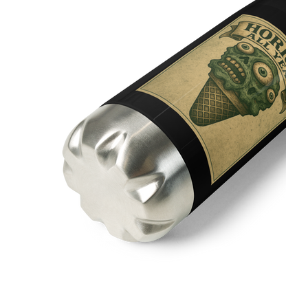 This is a zoom in of a black and stainless steel water bottle with a vintage-style illustration of a zombie-themed ice cream cone with a green, melting undead face and bulging eyeballs. Above the cone, a horror banner reads "Horror All Year" on a distressed parchment background