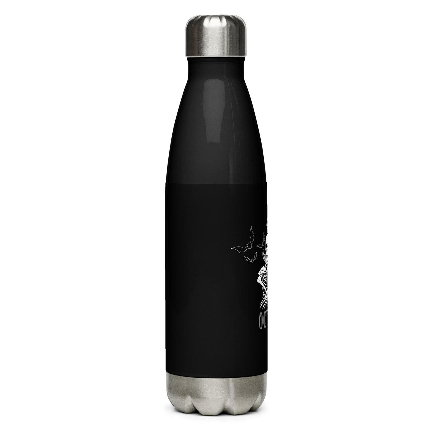 This is a stainless steel black water bottle that has a bored skeleton with his head resting in his hand and he has spider webs and bats around him and the text reads just waiting for October