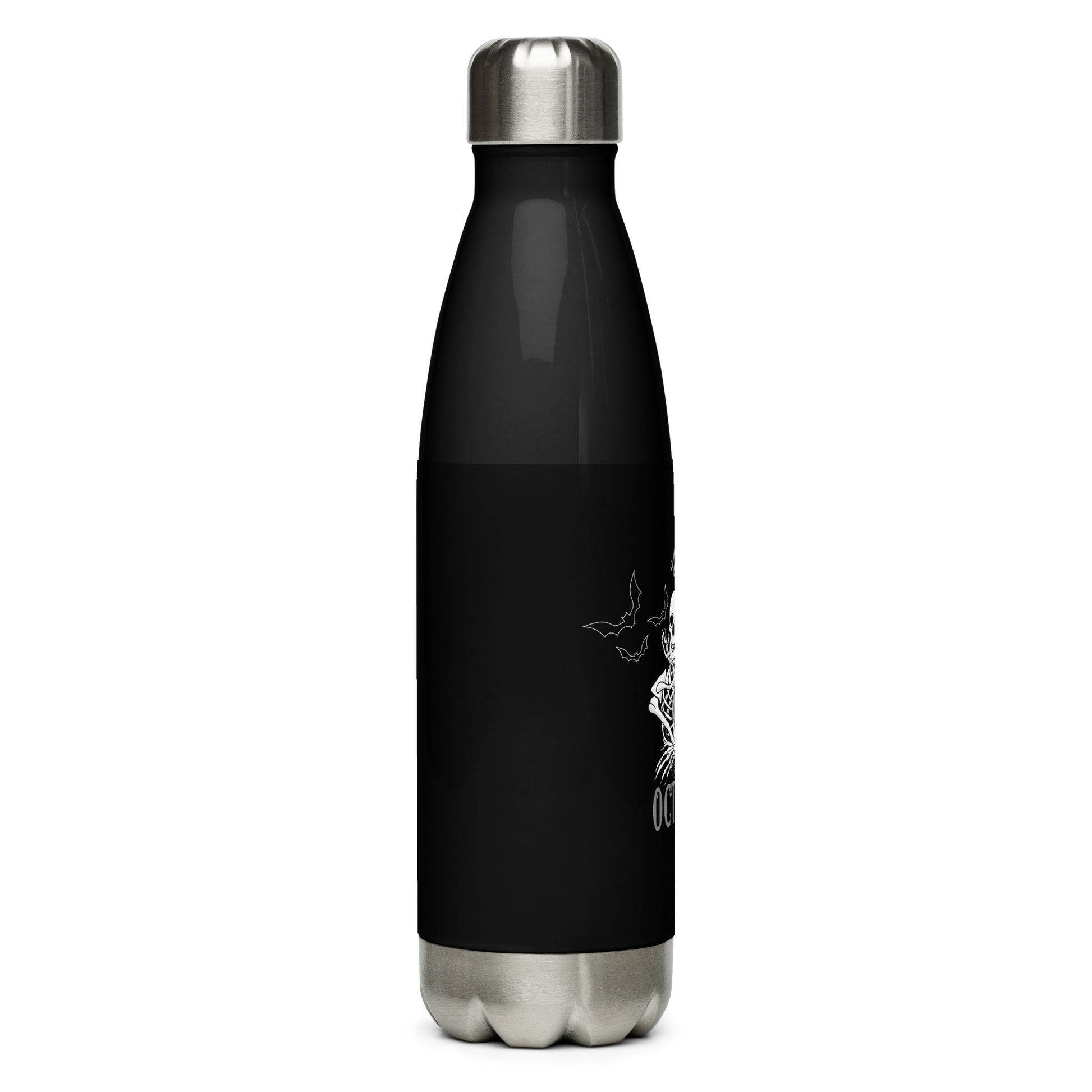 This is a stainless steel black water bottle that has a bored skeleton with his head resting in his hand and he has spider webs and bats around him and the text reads just waiting for October