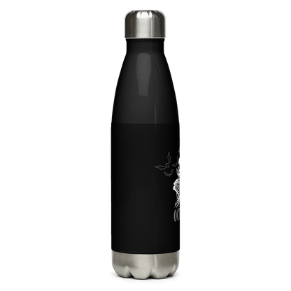 This is a stainless steel black water bottle that has a bored skeleton with his head resting in his hand and he has spider webs and bats around him and the text reads just waiting for October