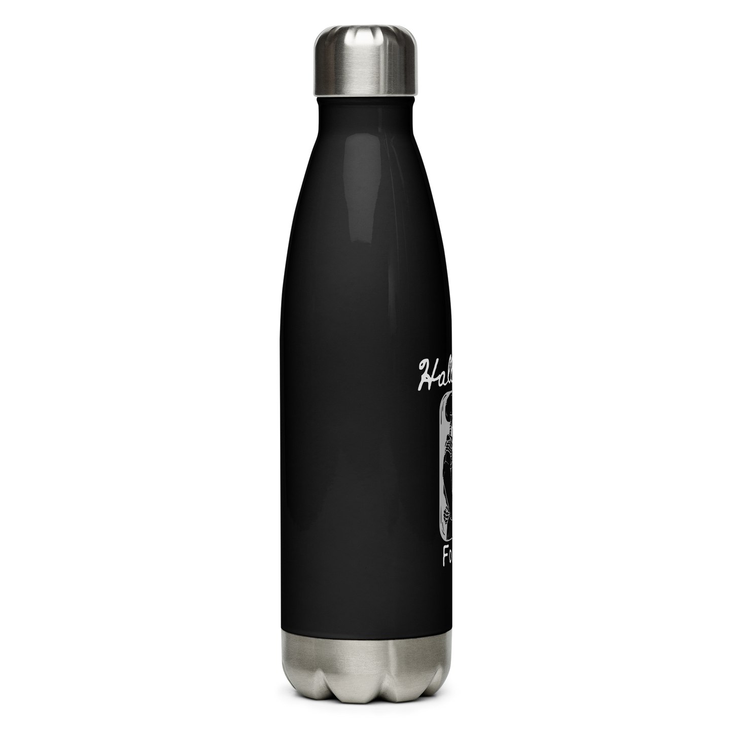 This is a black steel water bottle that has a hugging skeleton couple that is grey and says Halloween Forever 
