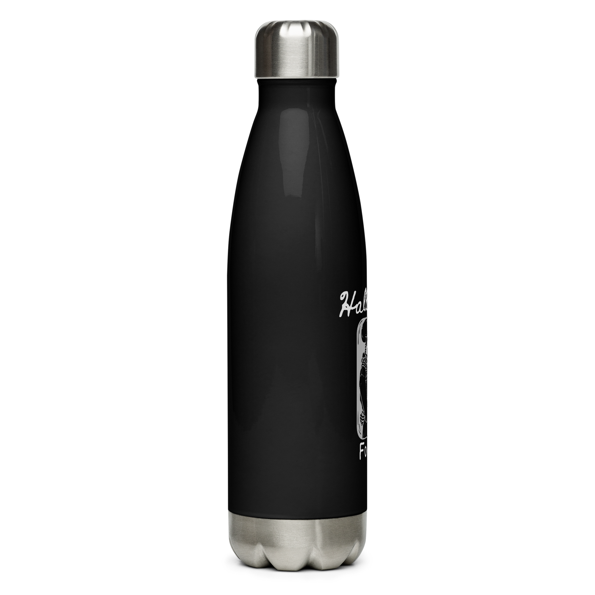 This is a black steel water bottle that has a hugging skeleton couple that is grey and says Halloween Forever 